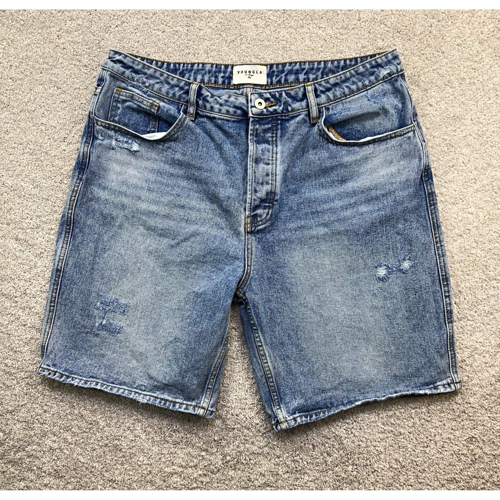YoungLA Mens Denim Shorts Size XL Blue Distressed Jorts Raw Hem Cotton